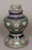 A Chinese silver and champleve enamelled lamp base, of baluster form,