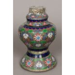 A Chinese silver and champleve enamelled lamp base, of baluster form,