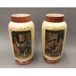 A pair of opaline glass vases with figural painted decoration