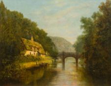 ENGLISH SCHOOL (19th century) Figures Before a Cottage and Bridge in a River Landscape Oil on