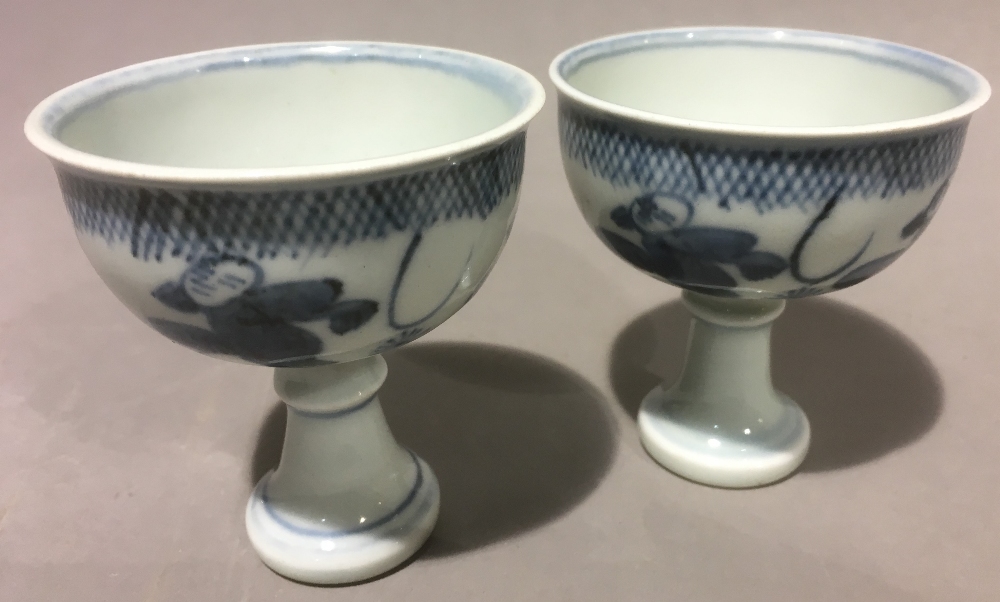 A pair of Chinese blue and white porcelain stem cups Both figurally decorated, - Image 3 of 8
