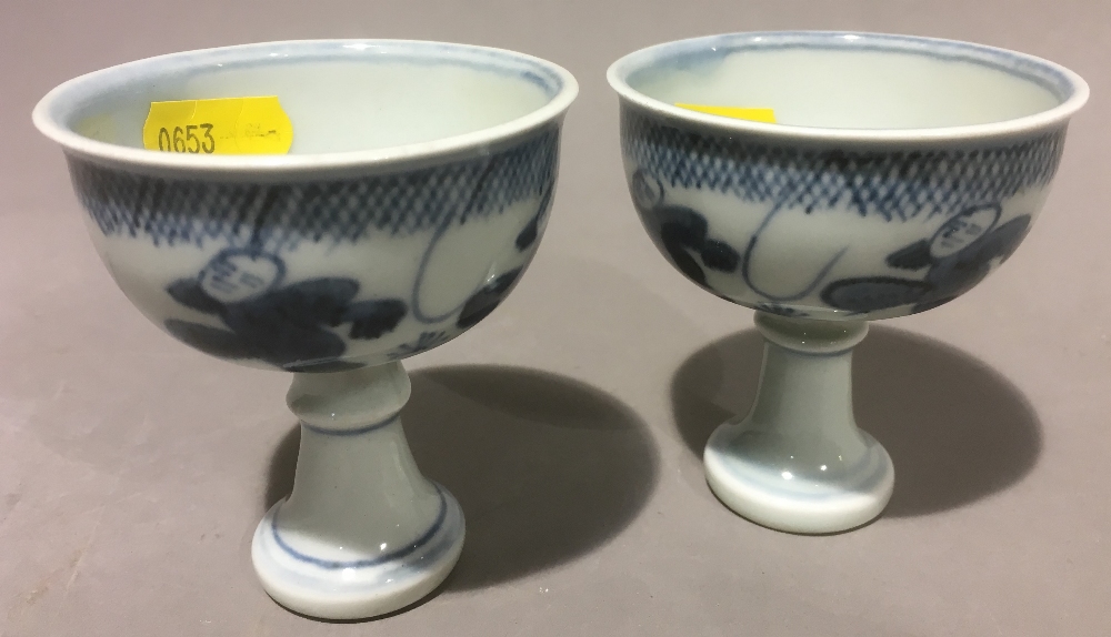 A pair of Chinese blue and white porcelain stem cups Both figurally decorated, - Image 2 of 8