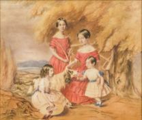 ENGLISH SCHOOL (early 19th century) Portrait of Sisters with the Family Dog Watercolour,