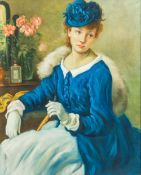 DECORATIVE SCHOOL (20th century) Portrait of a Lady in Blue Oil on canvas, framed. 40 x 50 cm.