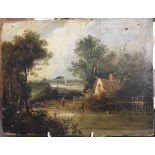Figure Before a Cottage in a River Landscape, oil on board,