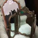 A walnut dressing table mirror and a gilt triptych mirror