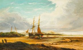 Attributed to JOHN CALLOW (1822-1878) British Unloading the Catch at Low Tide Oil on canvas, framed.