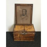 A Victorian tin trunk inscribed EDMUND HALSWELL ESQ and a framed portrait of a gentleman