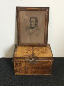 A Victorian tin trunk inscribed EDMUND HALSWELL ESQ and a framed portrait of a gentleman