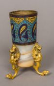 A Continental gilt metal and cloisonne mounted alabaster pot,