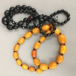 A string of antique butterscotch coloured amber beads and a string of faceted cherry amber beads