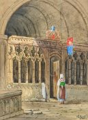R ARNOLD (19th century) British Continental Figure in a Cathedral Interior Watercolour heightened
