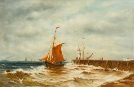 DECORATIVE SCHOOL (19th/20th century), Shipping in Choppy Waters Off a Harbour Wall, oil on board,