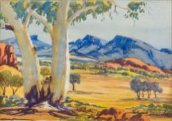 CLAUDE PANNKA (1928-1972) Aborigini Landscape Watercolour, signed, framed and glazed. 35 x 24.5 cm.