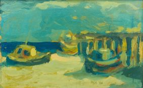 ENGLISH SCHOOL (20th century) Boats at Low Tide Beside a Jetty Oil on board,