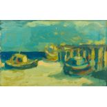 ENGLISH SCHOOL (20th century) Boats at Low Tide Beside a Jetty Oil on board,