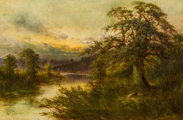 FRANK HILDER (1861-1933) British, Figures in a River Landscape at Sunset, oil on canvas,