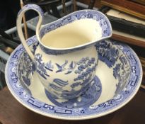 A Wedgwood Willow pattern jug and bowl
