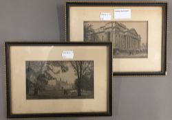 Two small Cambridge etchings and a watercolour by L F WARING