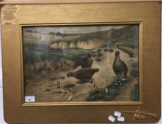 After ALFRED OLIVER (19th/20th century) British, Partridge on a Sandbank, embellished print,