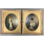 A pair of early 19th century portraits of a gentleman and his wife, oils on board,