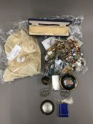 A good quantity of costume jewellery, compacts, silk shawl, etc.