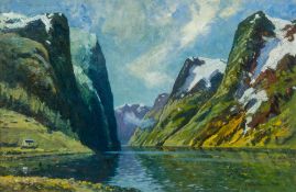 JOHN SCOTT HARRISON (19th/20th century) British, Geiranger Fjord, Near Marok, Norway, oil on board,