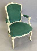 A French painted upholstered open armchair