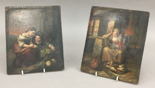 Two 19th century oils on metal panels, figures and birds in an interior,