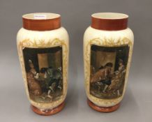 A pair of opaline glass vases with figural painted decoration