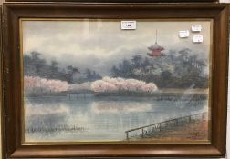 M MIYATA (20th century) Japanese, Riverside Temple, watercolour, signed,