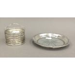 A set of six sterling silver and cut glass coasters in a sterling rack and a sterling silver and