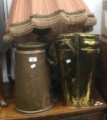 A grotto lamp base, brass stick stand, jug and cover,