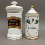 Two Continental porcelain drug jars and covers