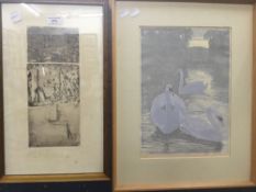 HANS NAUMANN (1887-1944) Swans, aquatint, signed and numbered 34, framed,