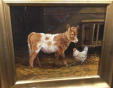 DONNA CRAWSHAW (born 1960), British, Calf and Chicken in a Barn, oil on board, signed,