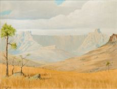 F COETZEE (20th century) South African, Table Mountain in an Arid Landscape, oil on board, signed,