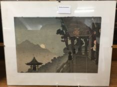 A Japanese print, Pagodas in a Mountainous Landscape,