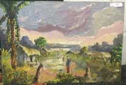 P YONGA (20th century), Figures in African Landscapes, three oils on board, signed, unframed,