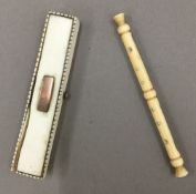 A Georgian yellow metal mounted ivory toothpick holder with mirror inset lid,