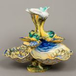 A late 19th/early 20th century Cantagalli majolica centrepiece The central shell supported on