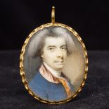A Georgian unmarked gold framed portrait miniature Painted with a male bust,