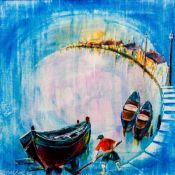 CARLOS DIAZ (20th century) Peruvian Fantastical Harbour Scene Mixed media on canvas,