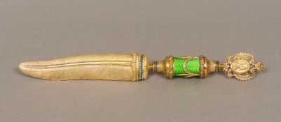 A silver gilt enamel and diamond set paper knife The blade formed as a feather,