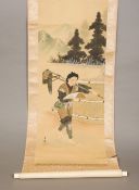 A Chinese scroll picture Depicting a farm labourer reading from a book with his tools over his