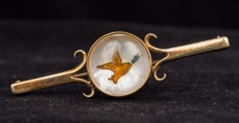 A 9 ct gold Essex crystal mounted bar brooch Centrally decorated with a mallard duck. 5.5 cm wide.