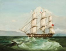 ENGLISH SCHOOL (19th century) Royal Naval Yacht in Full Sail in Choppy Waters Off the Coast Oil on