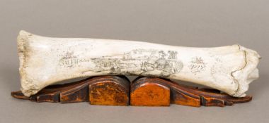 A scrimshaw bone Decorated with a sailor with ships beyond and inscribed "Salem" and bearing date