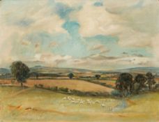 SUFFOLK SCHOOL (20th century) Sheep in a Landscape Oil on canvas, framed. 44 x 34 cm.