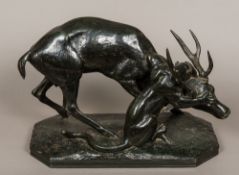 After ANTOINE LOUIS BARYE (1796-1875) French Animalier Group of a Panther Seizing a Stag Patinated